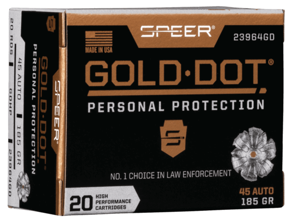 Speer 23964GD Gold Dot Personal Protection 45 ACP 185 gr 1050 fps Hollow Point (HP) 20rd Box