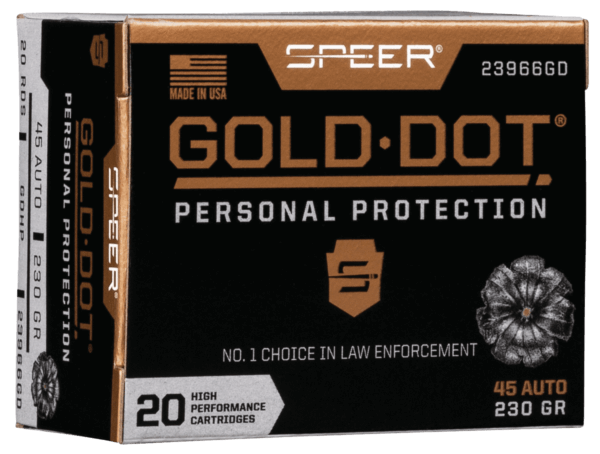 Speer 23966GD Gold Dot Personal Protection 45 ACP 230 gr 890 fps Hollow Point (HP) 20rd Box