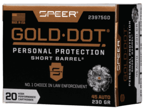 Speer Ammo 23975GD Gold Dot Personal Protection 45 ACP 230 gr Hollow Point (HP) 20rd Box