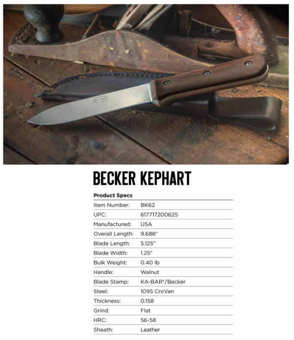 Ka-Bar BK62 Becker Kephart 5.13″ Drop Point Plain 1095 Cro-Van Walnut Handle Fixed