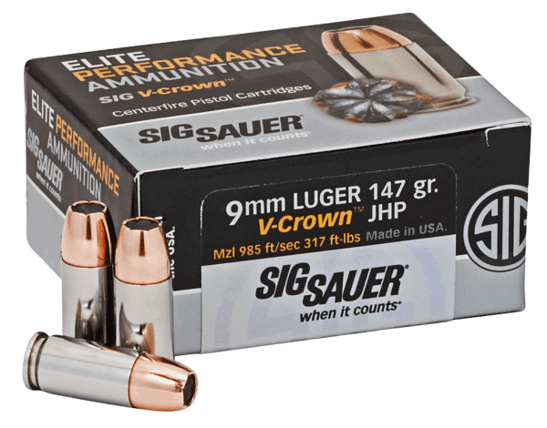 Sig Sauer E9MMA350 Elite Defense 9mm Luger 147 gr 985 fps V-Crown Jacketed Hollow Point (VJHP) 50rd Box