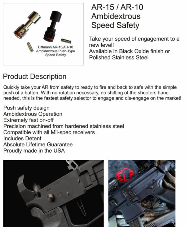 ELFTMANN TACTICAL SAFETY-B AR-15/AR-10 Ambidextrous Speed Safety Stainless Steel Black Oxide