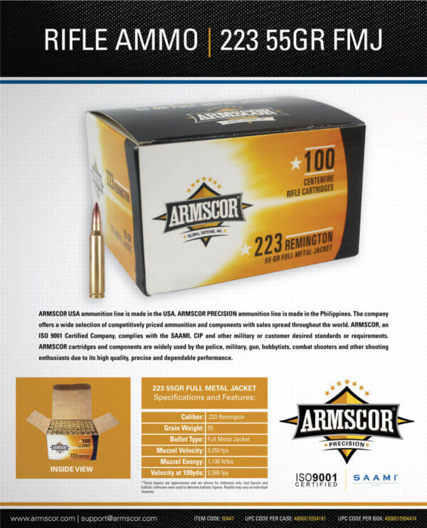 Armscor 50447 Precision Value Pack 223 Rem 55 gr Full Metal Jacket (FMJ) 100rd Box