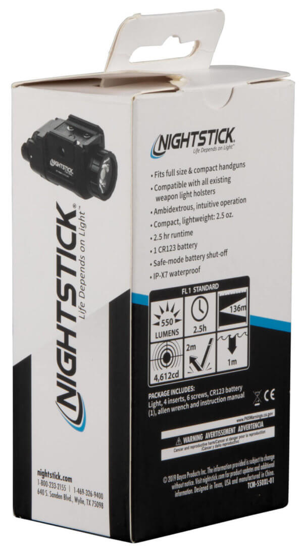 Nightstick TCM550XL TCM-550XL Compact Weapon Light Black Anodized Hardcoat Aluminum  Compatible w/Glock Handgun  550 Lumens White LED Bulb 136 Meters Beam