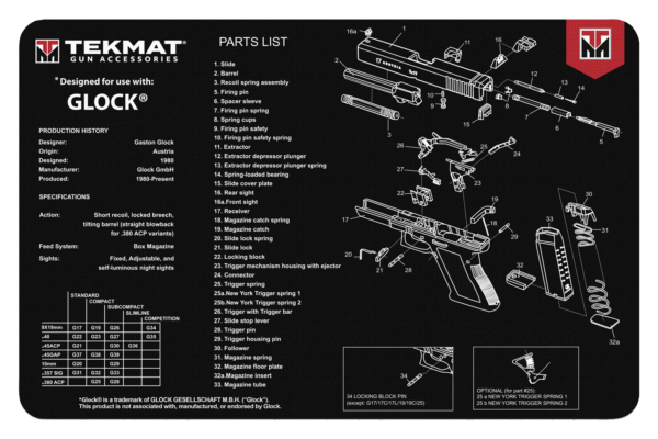 TekMat TEKR17GLOCK Original Cleaning Mat featuring Glock Parts Diagram 11″ x 17″