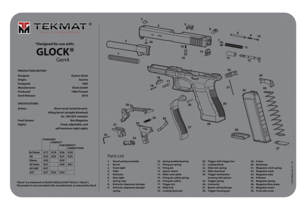BECK TEK, LLC (TEKMAT) R17GLOCKG4GY Glock Gen4 Cleaning Mat Glock Gen4 Breakdown 17″ x 11″ Gray