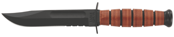 Ka-Bar 1252 USMC 5.25″ Fixed Clip Point Part Serrated Black 1095 Cro-Van Blade Brown Leather Handle