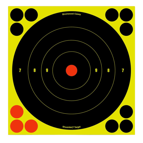 Birchwood Casey 34825 Shoot-N-C Self-Adhesive Paper Muzzleloader/Shotgun Black/Yellow 200+ yds 8″ Bullseye Includes Pasters 30 Per Pkg