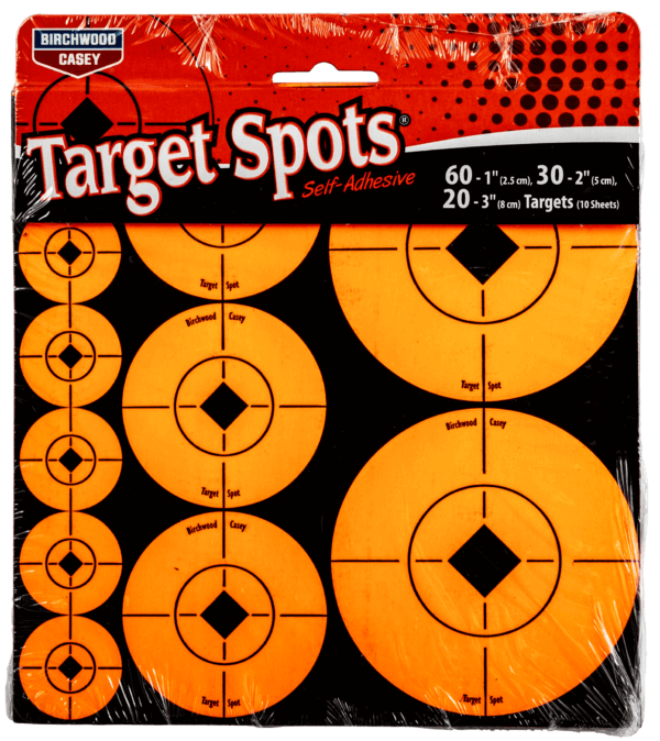 Birchwood Casey 33928 Target Spots Self-Adhesive Paper Bullseye Orange 60-1″/30-2″/20-3″