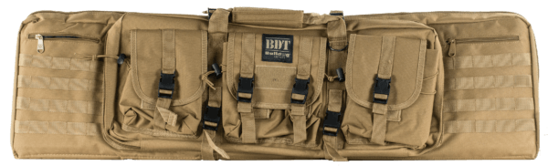 Bulldog BDT6043T BDT Tactical Double Rifle Case made of Nylon with Tan Finish 3 Accessory Pockets  Deluxe Padded Backstraps Lockable Zippers & Padded Internal Divider 13 H x 43″ W x 4″ D Interior Dimensions”