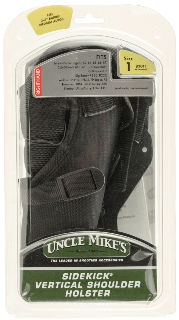 Uncle Mike’s 83011 Sidekick Vertical Shoulder Holster Shoulder Size 01 Black Cordura Harness Fits Med/Large Semi Autos Fits 3-4″ Barrel Right Hand