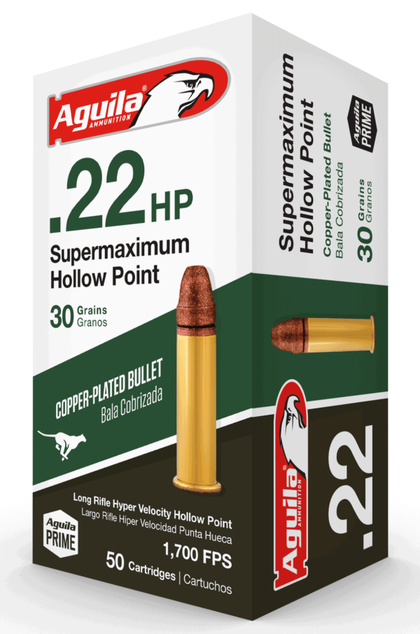 Aguila 1B220298 Supermaximum Rimfire 22 LR 30 gr Copper-Plated Solid Point 50rd Box