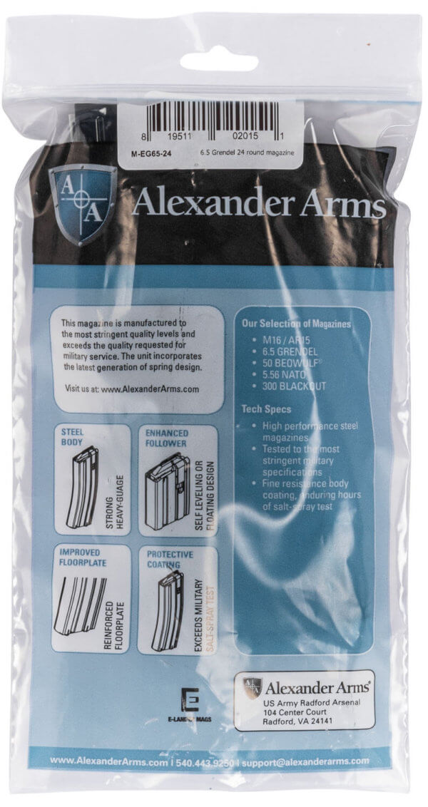 Alexander Arms MEG6524 AR-15 24rd 6.5 Grendel For Alexander Arms AR-15 Black Steel
