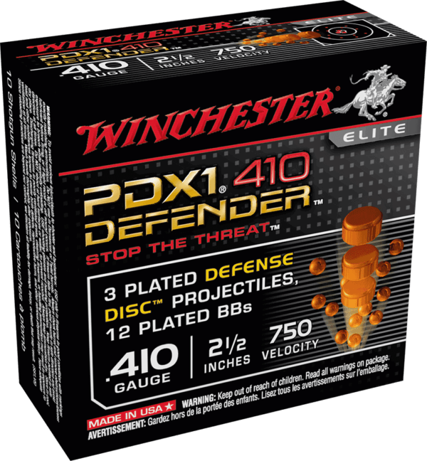 Winchester Ammo S41045PD PDX1 Defender Combo 410 Gauge 2.50″ 1/2 oz 750 fps 3 Defense Discs 12 BBs Shot 45 Colt 225 gr Bonded Jacket Hollow Point 850 fps 20rd Box