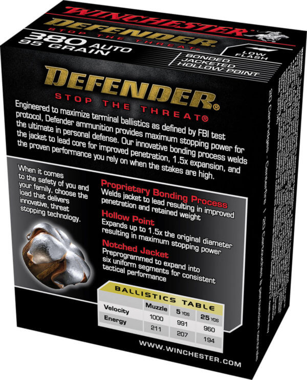 Winchester Ammo S380PDB Defender Elite 380 ACP 95 gr Bonded Jacket Hollow Point 20rd Box