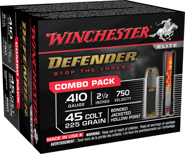 Winchester Ammo S41045PD PDX1 Defender Combo 410 Gauge 2.50″ 1/2 oz 750 fps 3 Defense Discs 12 BBs Shot 45 Colt 225 gr Bonded Jacket Hollow Point 850 fps 20rd Box