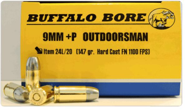 Buffalo Bore Ammunition 24L/20 Outdoorsman 9mm Luger +P 147 gr Hard Cast Flat Nose (HCFN) 20rd Box