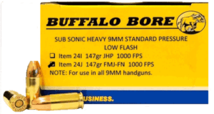 Buffalo Bore Ammunition 24J/20 Subsonic 9mm Luger Subsonic 147 gr Full Metal Jacket Flat Nose (FMJFN) 20rd Box