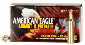 Federal AE2225050VP American Eagle Varmint & Predator 22-250 Rem 50 gr Jacketed Hollow Point (JHP) 50rd Box