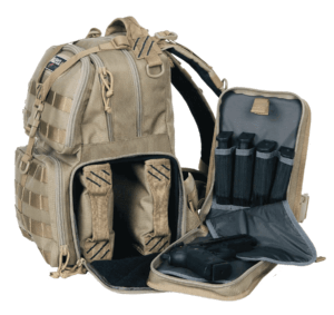 GPS Bags T1612BPB Tactical Range Backpack Black 1000D Nylon Teflon Coating with 3 Pistol Storage Cases  Visual ID Storage System  Pull-Out Rain Cover & Chest Strap