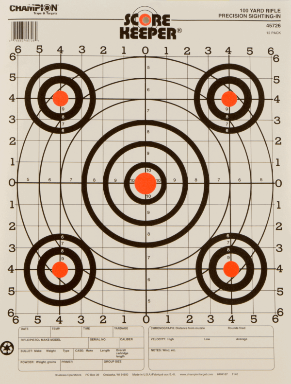 Champion Targets 45726 Score Keeper Bullseye Paper Hanging 100 yds Pistol/Rifle 14″ x 18″ Multi-Color 12 PK