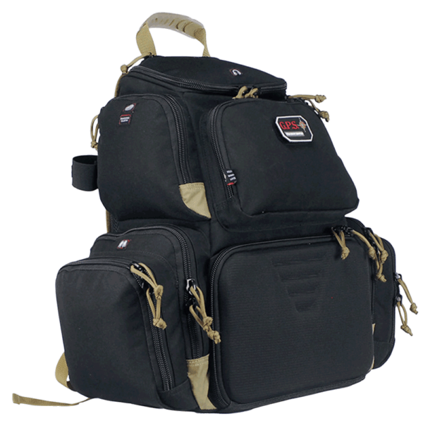 GPS Bags 1711BPBT Handgunner Backpack 1000D Nylon Black with Tan Accents Foam Cradle Holds 4 Medium Handguns Mag Pockets Pull-Out Rain Cover & Visual ID Storage System