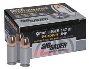 Sig Sauer E9MMA320 Elite Defense 9mm Luger 147 gr 985 fps V-Crown Jacketed Hollow Point (VJHP) 20rd Box