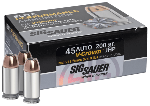Sig Sauer E45AP220 Elite Defense 45 ACP 230 gr 830 fps V-Crown Jacketed Hollow Point (VJHP) 20rd Box