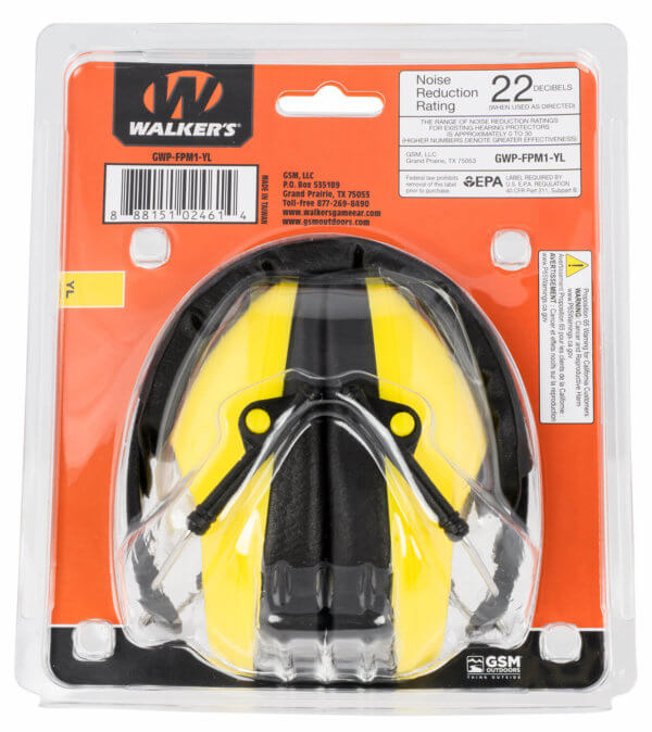 Walker’s GWPFPM1YL Pro Low Profile Passive Muff Polymer 22 dB Over the Head Black/Yellow Adult