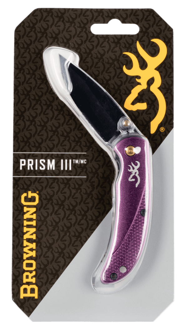 Browning 3220343 Prism 3 2.88″ Folding Clip Point Plain Black Stonewashed 7Cr17MoV SS Blade/Plum Anodized Aluminum Handle Includes Pocket Clip