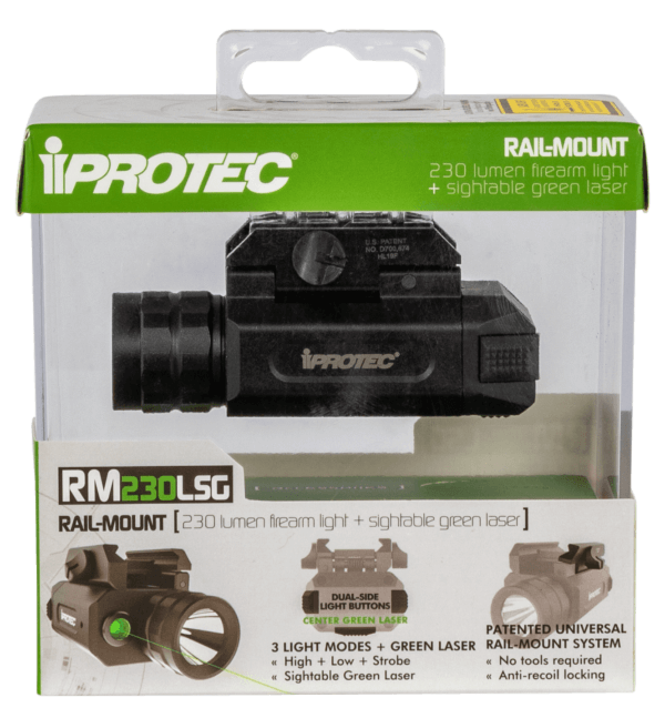 iProtec 6567 RM230LSG w/Laser For Rifles & Handguns Rail Equipped 46/230 Lumens Output 5mW Output White/ Green Laser Up to 457 Meters Beam Picatinny Rail Mount Black Anodized Aluminum