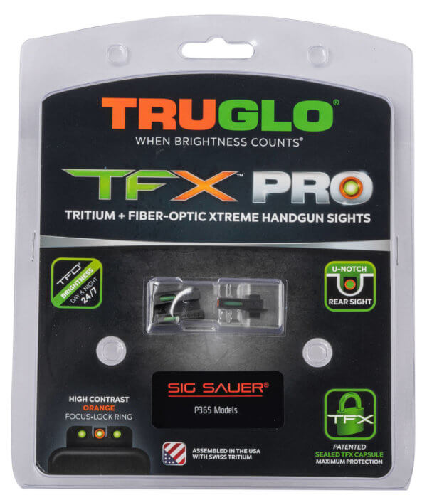 TruGlo TG13SG4PC TFX Pro Black | Green Tritium & Fiber Optic Orange Outline Front Sight Green Tritium & Fiber Optic Rear Sight