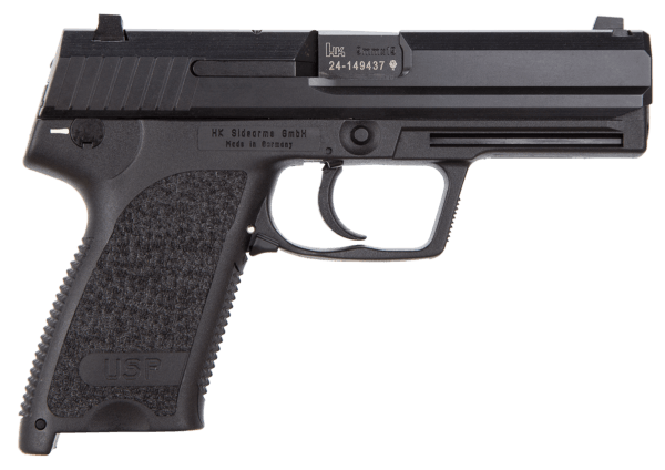 HK 81000307 USP V1 SA/DA 9mm Luger Caliber with 4.25″ Barrel 15+1 Capacity Overall Black Finish Serrated Trigger Guard Frame Serrated Steel Slide & Polymer Grip Includes 2 Mags