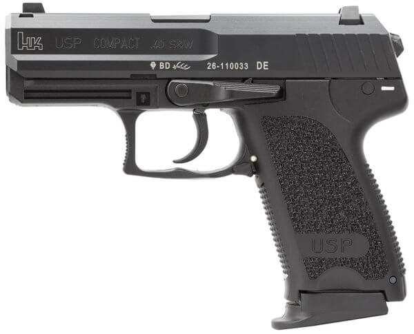 HK 81000341 USP Compact V7 LEM 40 S&W Caliber with 3.58 Barrel  12+1 Capacity  Overall Black Finish  Serrated Trigger Guard Frame  Serrated Steel Slide  Polymer Grip  No Manual Safety & Night Sights Includes 3 Mags”