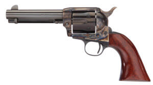 Taylors & Company 555149DE 1873 Cattleman Gunfighter 45 Colt (LC) Caliber with 4.75 Blued Finish Barrel  6rd Capacity Blued Finish Cylinder  Color Case Hardened Finish Steel Frame   Walnut Army Size Grip & Overall Taylor Polish”