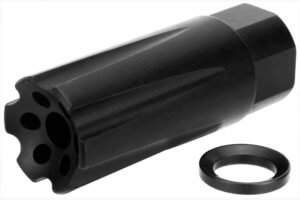 TacFire MZ10079MMN Spiral Fluted Muzzle Brake Black Oxide Steel with 1/2-36 tpi Threads  2.60″ OAL & 1.12″ Diameter for 9mm Luger AR-Platform”