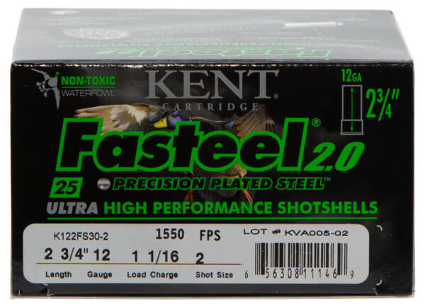 Kent Cartridge K122FS302 Fasteel 2.0 Waterfowl 12 Gauge 2.75″ 1 1/16 oz 2 Shot 25rd Box