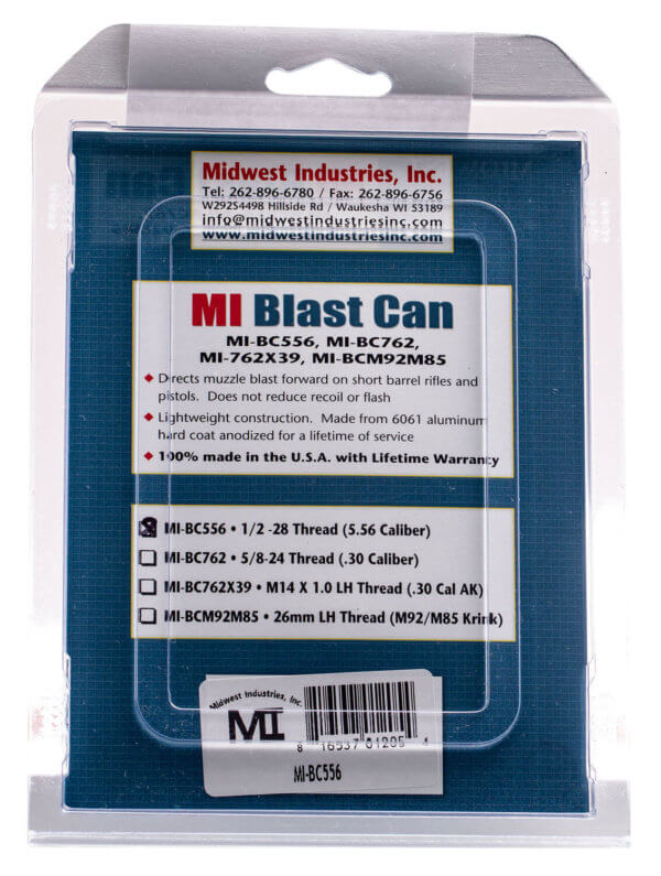 Midwest Industries MIBC556 Blast Can  Black Hardcoat Anodized 6061-T6 Aluminum with 1/2-28 tpi Threads  3.38″ OAL & 1.20″ Diameter for 5.56x45mm NATO AR-Platform”