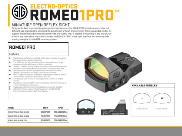 Sig Sauer Electro-Optics SOR1P101 Romeo1Pro Black 1x30mm 6 MOA Red Dot Reticle Illuminated