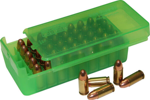 MTM Case-Gard P50SS4516 Side-Slide Ammo Box Pistol Multi-Caliber Handgun Clear Green Plastic 50rd
