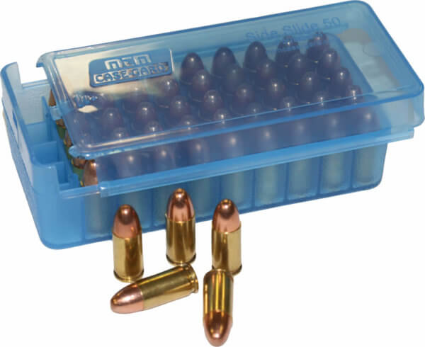 MTM Case-Gard P50SS4524 Side-Slide Ammo Box Pistol Multi-Caliber Handgun Clear Blue Plastic 50rd