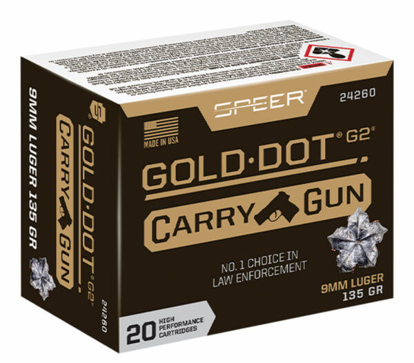 Speer 24260 Gold Dot Carry Gun 9mm Luger 135 gr 1120 fps Hollow Point (HP) 20rd Box