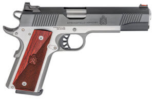 Springfield Armory PX9119L 1911 Ronin 9mm Luger 9+1 5″ Barrel Stainless Steel Frame w/Beavertail Serrated Blued Carbon Steel Slide Hybrid Smooth/Checkered Crossed Cannon Wood Laminate Grip