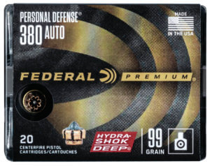 Federal P380HSD1 Premium Personal Defense 380 ACP 99 gr Hydra-Shok Deep Hollow Point 20rd Box