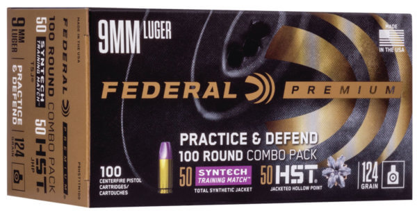 Federal P9HST1TM100 Premium Practice & Defend 9mm Luger 124 gr HST JHP Syntech TSJ 100rd Box