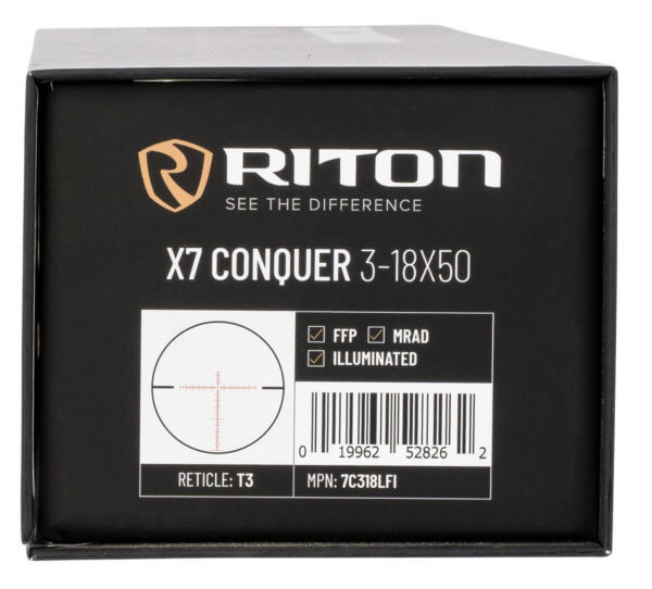 Riton Optics 7C318LFI 7 Conquer Black Hardcoat Anodized 3-18x 50mm 34mm Tube Illuminated Red T3 Reticle Features Throw Lever