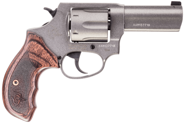 Taurus 28563CNS 856 Defender 38 Special +P Caliber with 3″ Barrel 6rd Capacity Cylinder Overall Tungsten Gray Cerakote Finish Steel Altamont Wood Grip & Night Front Sight