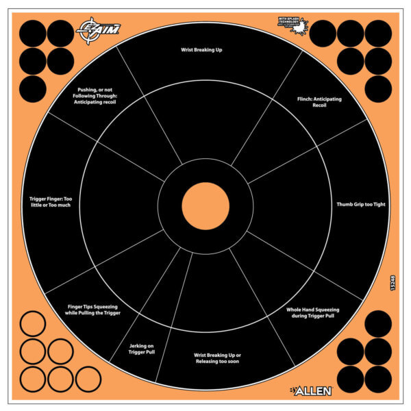 EZ-Aim 15250 Splash Reactive Target Self-Adhesive Paper Black/Orange 1″ Bullseye 12 PK