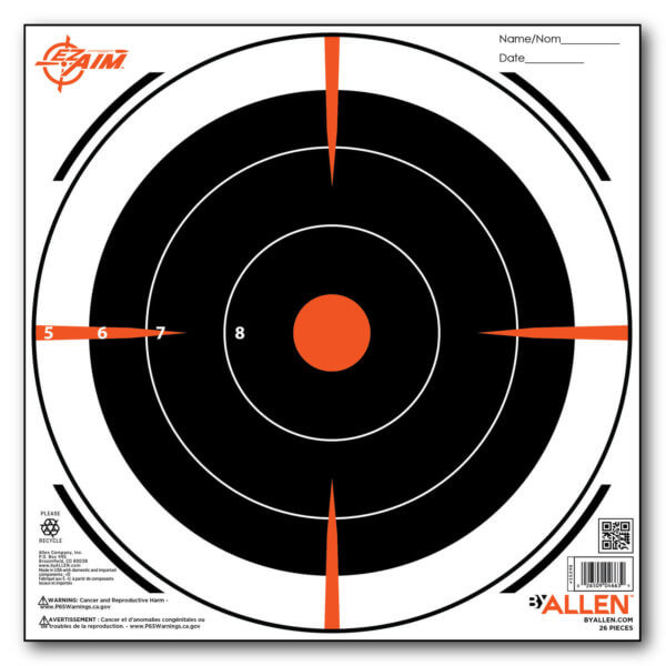 EZ-Aim 15246 High-Quality Bullseye Hanging 8″ x 8″ Black / Orange / White 26 Per Pack