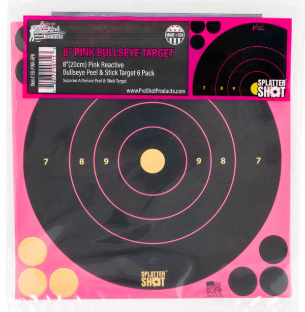 Pro-Shot 8BPINK6PK SplatterShot Black/Pink Self-Adhesive Paper Impact Enhancement Bright Pink 8″ Bullseye 6 Pack Includes Pasters